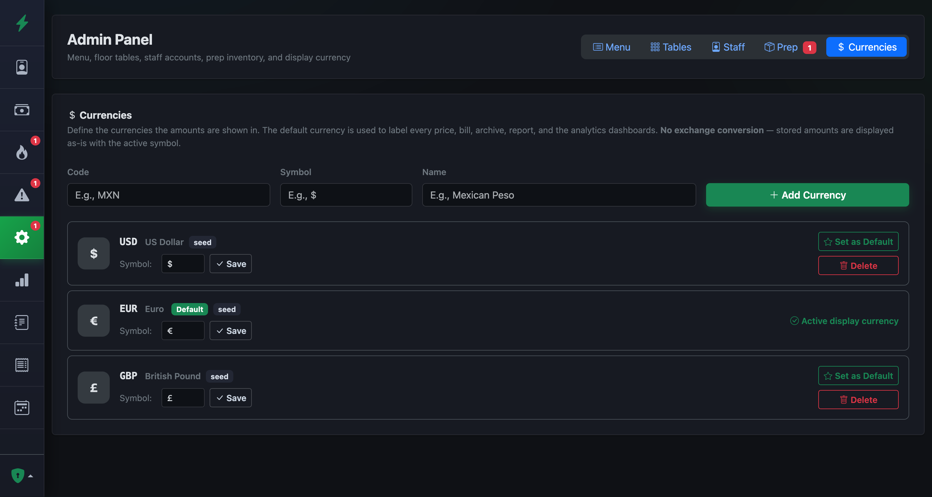 Multi-currency display settings