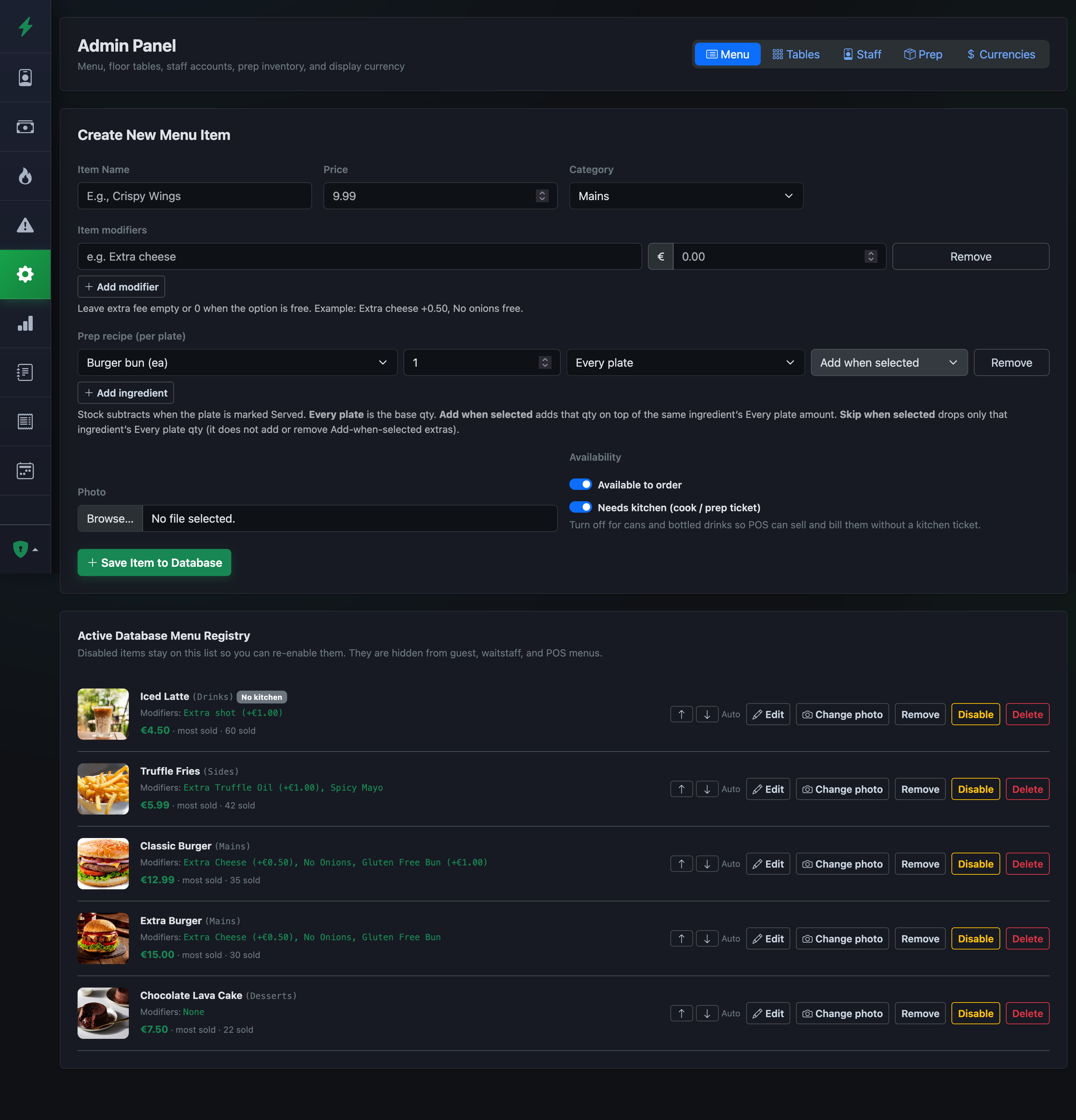 Menu catalog and modifiers